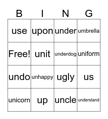 U words Bingo Card