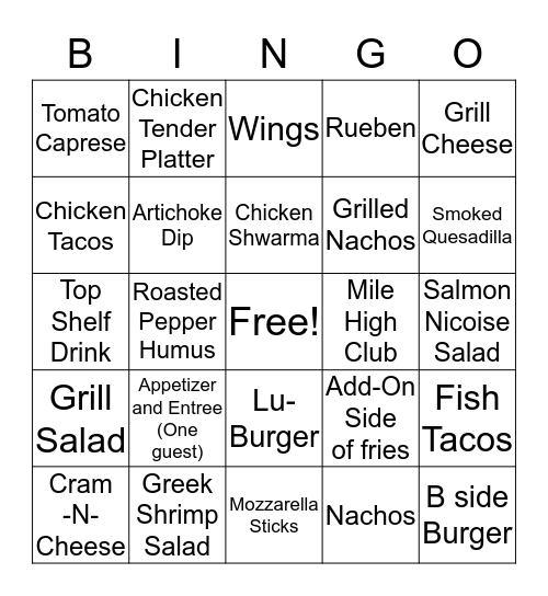Club Level Grill  Bingo Card