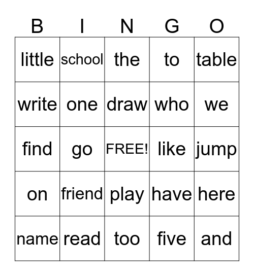 Theme 1 Sight Word Bingo Card