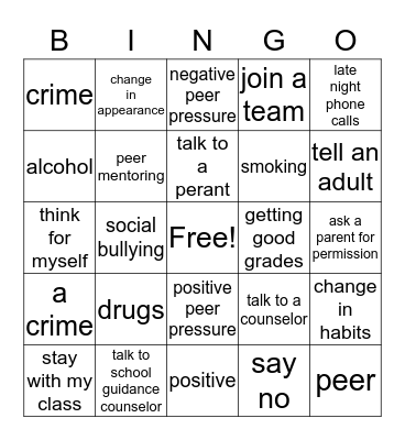 Peer Pressure Bingo Card