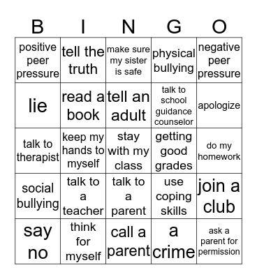 Peer Pressure Bingo Card