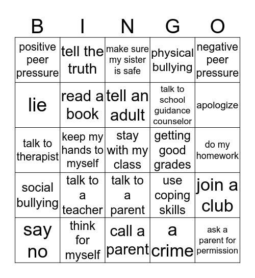 Peer Pressure Bingo Card