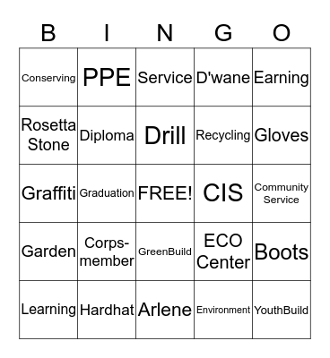 Urban Corps Bingo Card