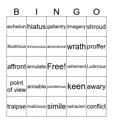 TBT II Vocabulary Bingo Card