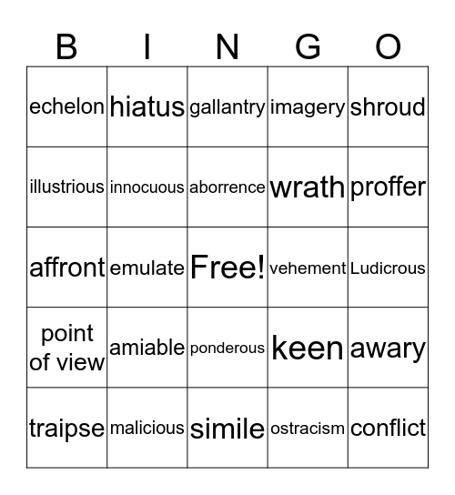 TBT II Vocabulary Bingo Card