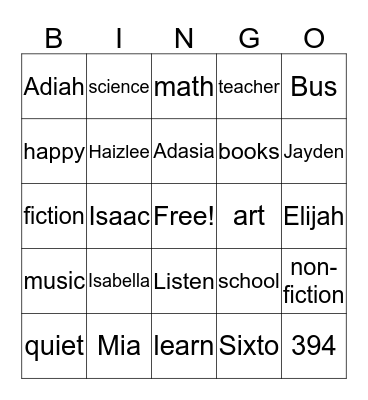 Mrs. Benett's Class Bingo Card