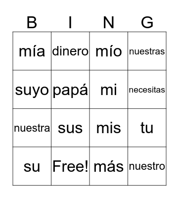 Spanish Possessives Duolingo  Bingo Card