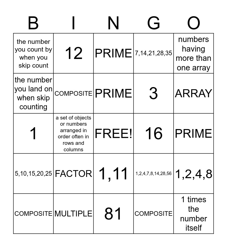 FACTORS Bingo Card