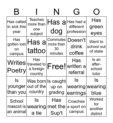 New Teacher Bingo Card
