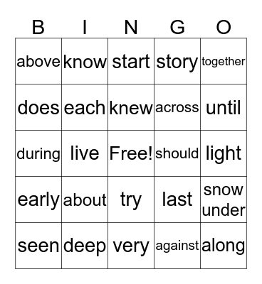 Often Used Words 1 Bingo Card