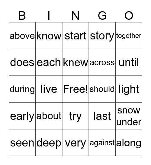 Often Used Words 1 Bingo Card