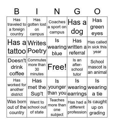 New Teacher Bingo Card