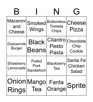 Chili's Menu Bingo Card