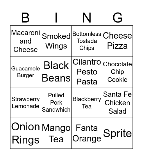 Chili's Menu Bingo Card