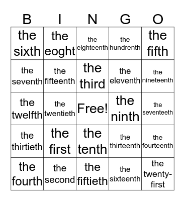 Ordinal Numbers Bingo Card