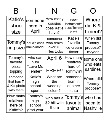 Katie & Tommy Bingo Card