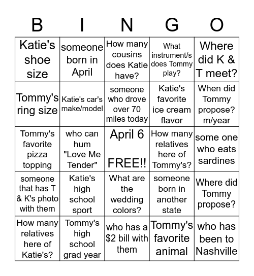 Katie & Tommy Bingo Card