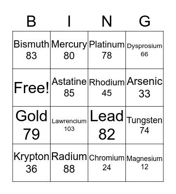 Periodic Table Bingo Card
