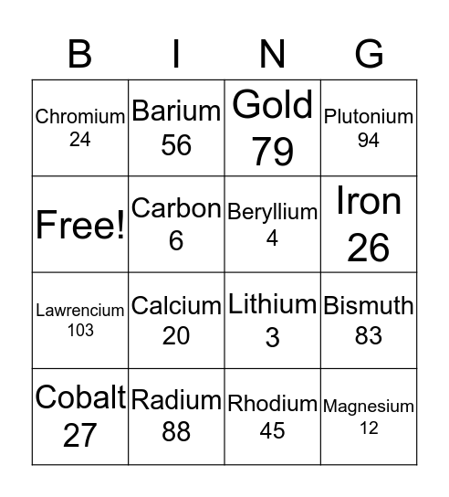 Periodic Table Bingo Card