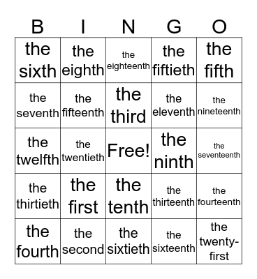 Ordinal Numbers Bingo Card