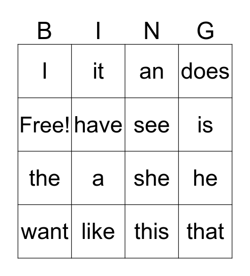 sight words Bingo Card