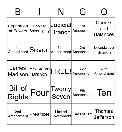 The Constitution and Bill of Rights Bingo Card