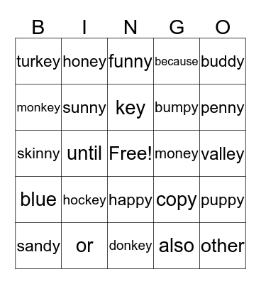 Animal Teams (y and ey) Bingo Card