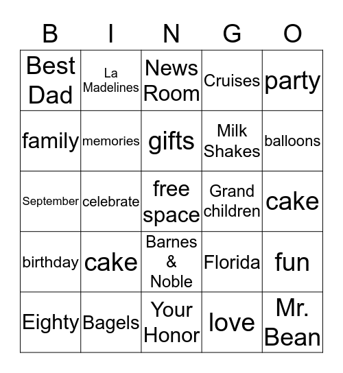Jerry's Birthday Bingo Card