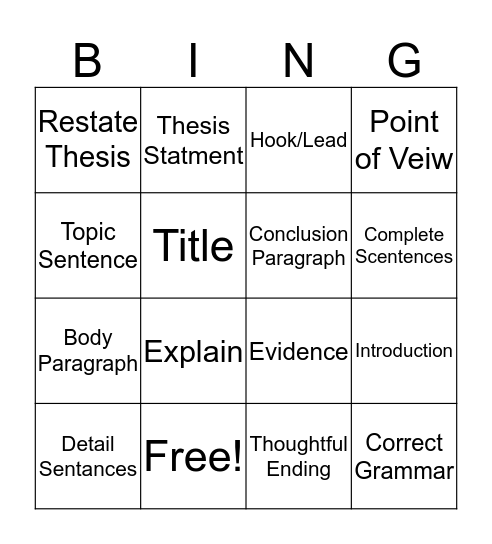 Essay Bingo Card