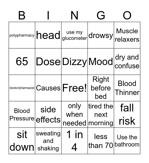Falls Risk Bingo Card