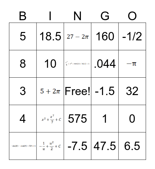 Riemann Sum Test Review Bingo Card