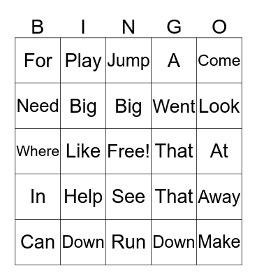 Sight Words Bingo Card