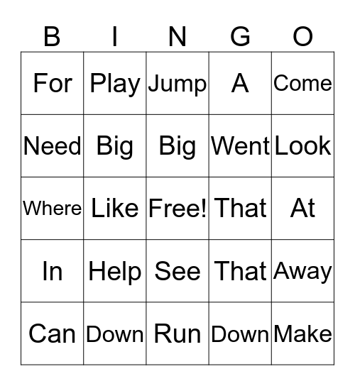 Sight Words Bingo Card