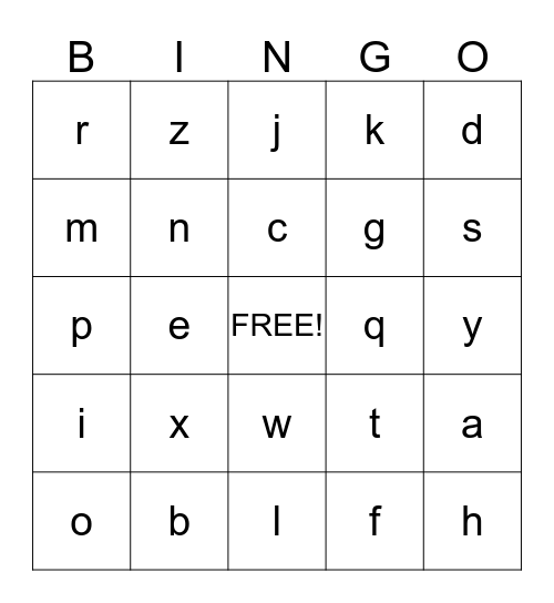 Lower Case Alphabet Bingo Card