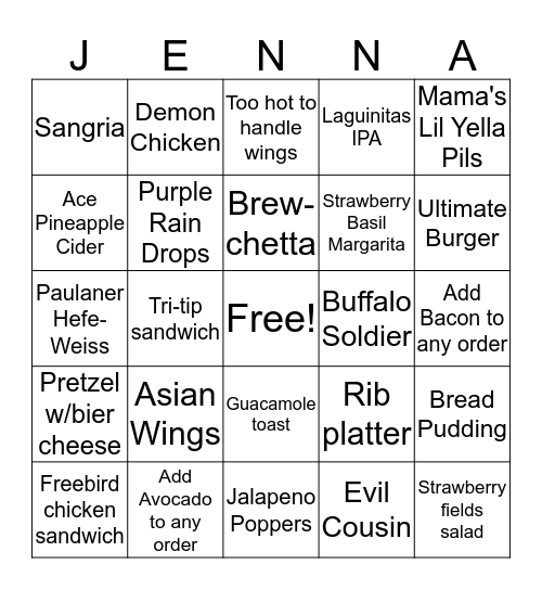 Jenna Bingo Card