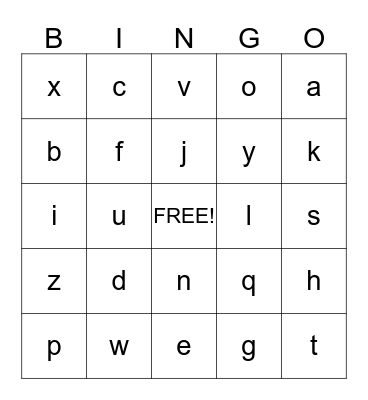 Lower Case Alphabet Bingo Card