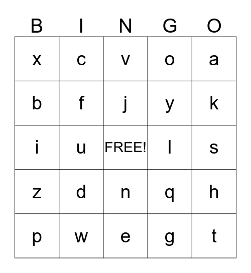 Lower Case Alphabet Bingo Card