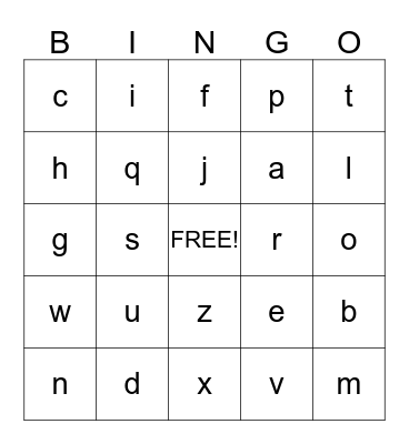Lower Case Alphabet Bingo Card