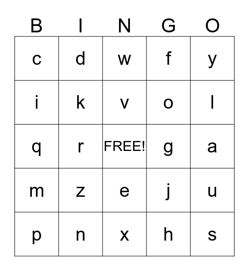 Lower Case Alphabet Bingo Card