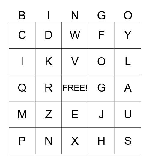 Upper Case Alphabet Bingo Card