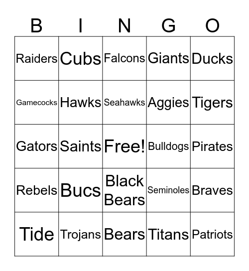 Mascots Bingo Card
