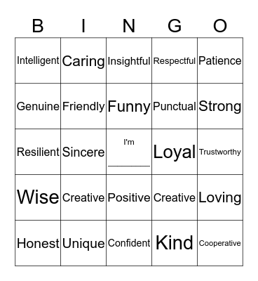 Self-Esteem Bingo Card
