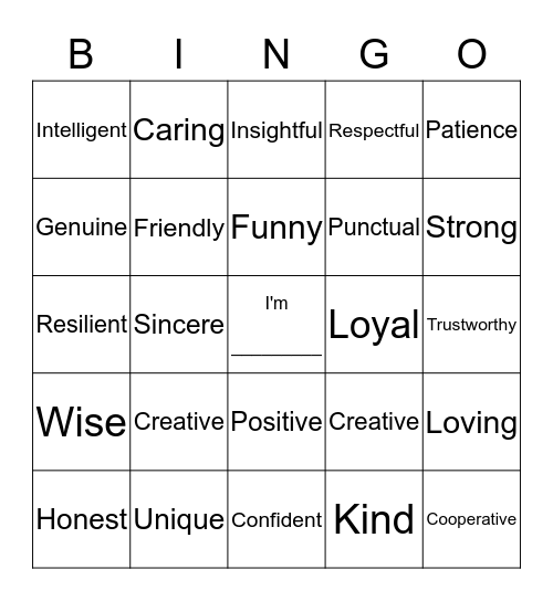 Self-Esteem Bingo Card
