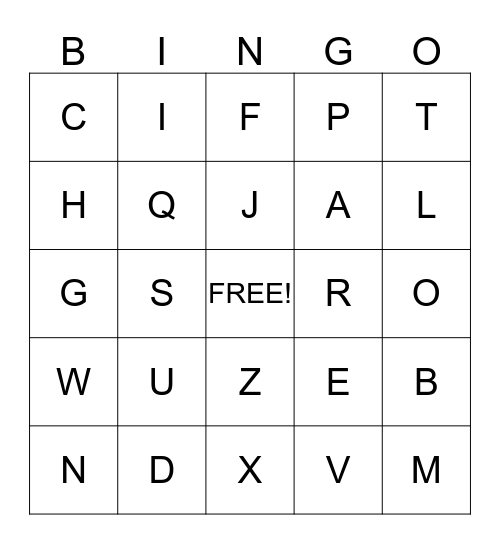 Upper Case Alphabet Bingo Card