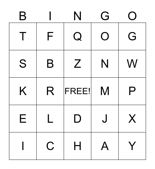 Upper Case Alphabet Bingo Card