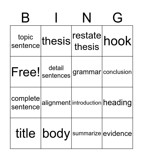 English Bingo Card