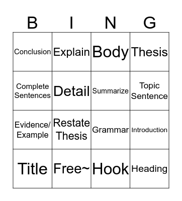English BING Bingo Card