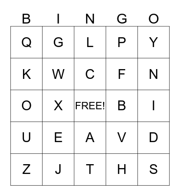 Upper Case Alphabet Bingo Card