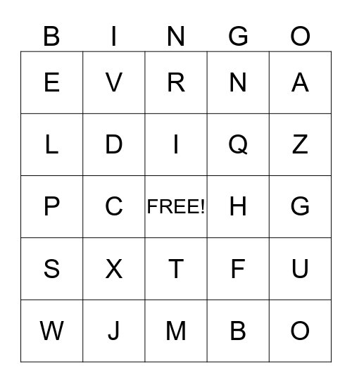 Upper Case Alphabet Bingo Card