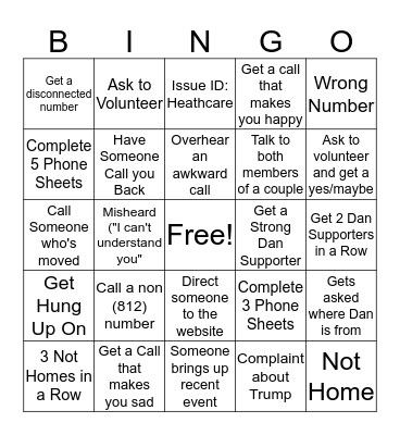 Phone Banking Bingo Card